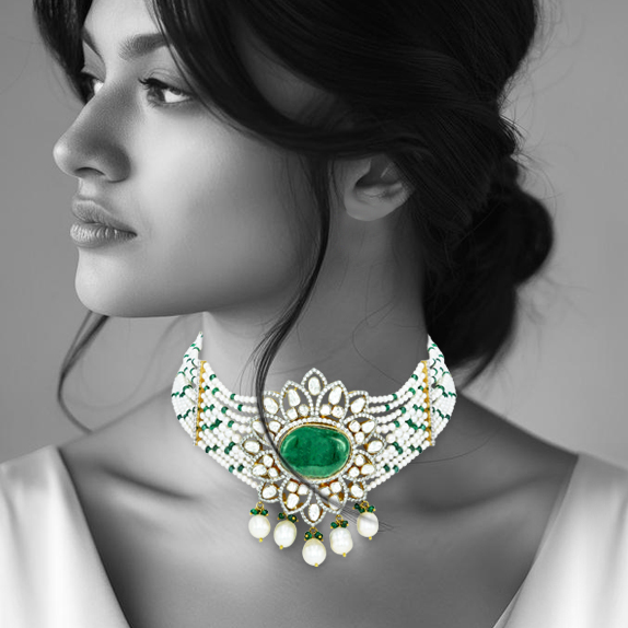 Emerald and Polki Choker with Pearl strings and Drops